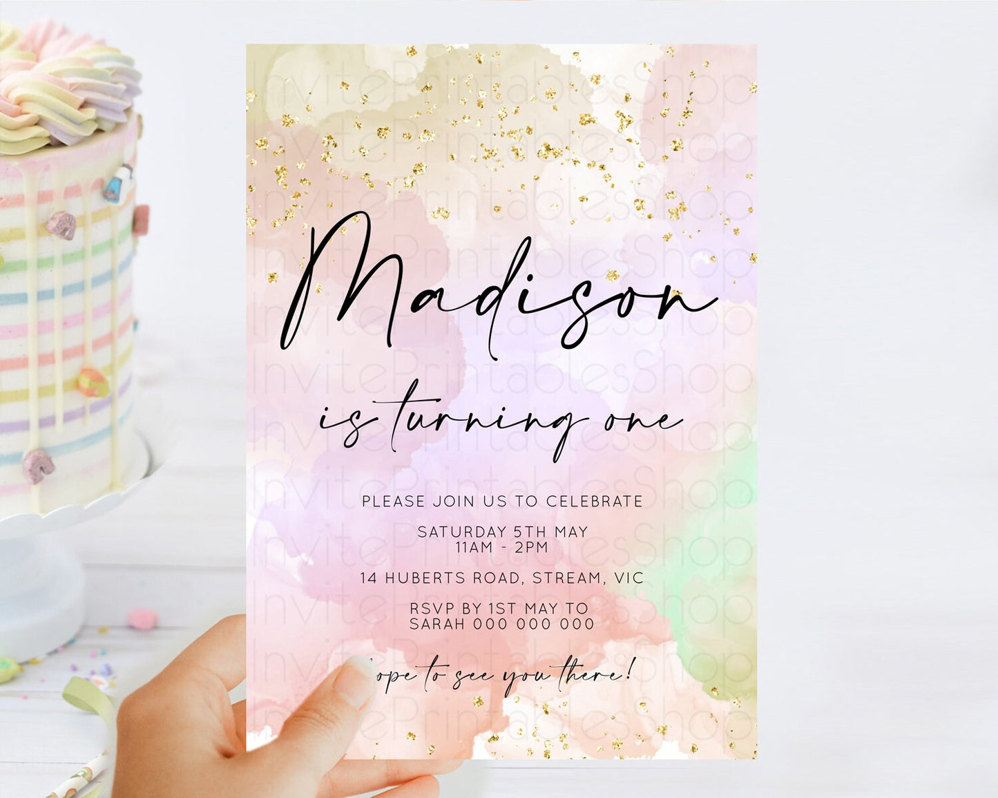 Rainbow Birthday Invitation Colorful Pastel Watercolor Invitation Gold Glitter Sprinkles Ombre Pastel 1st 2nd 3rd Birthday D10627