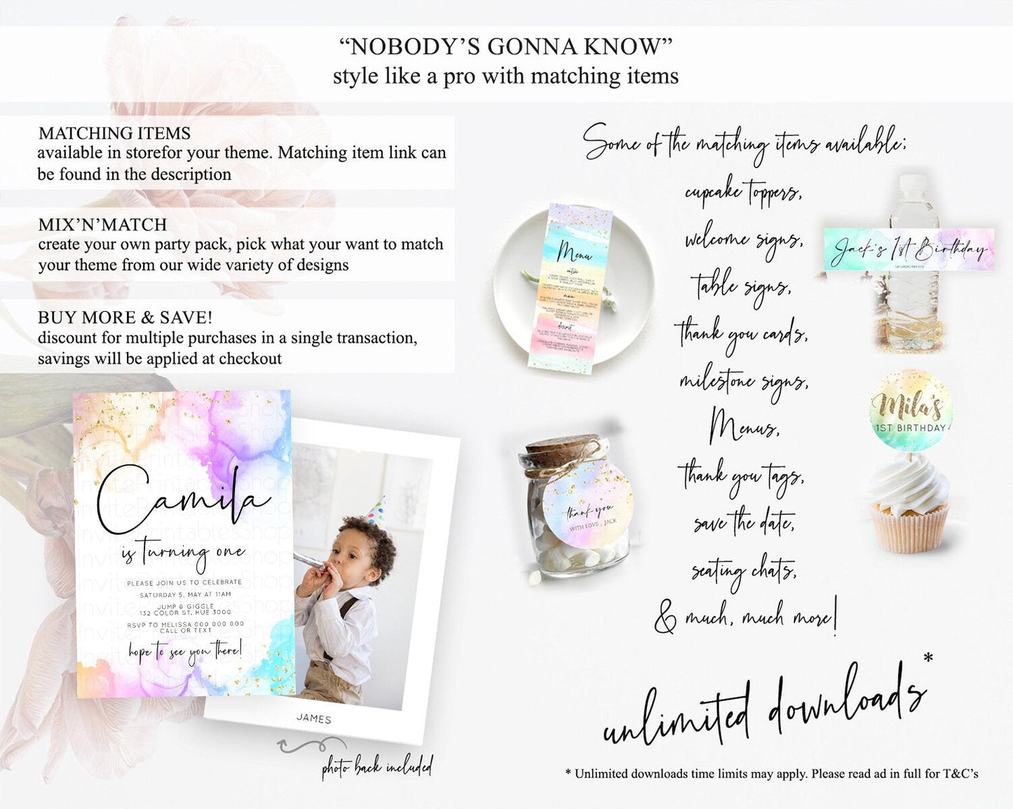 Rainbow Birthday Invitation Colorful Pastel Watercolor Invitation Gold Glitter Sprinkles Ombre Pastel 1st 2nd 3rd Birthday D10180