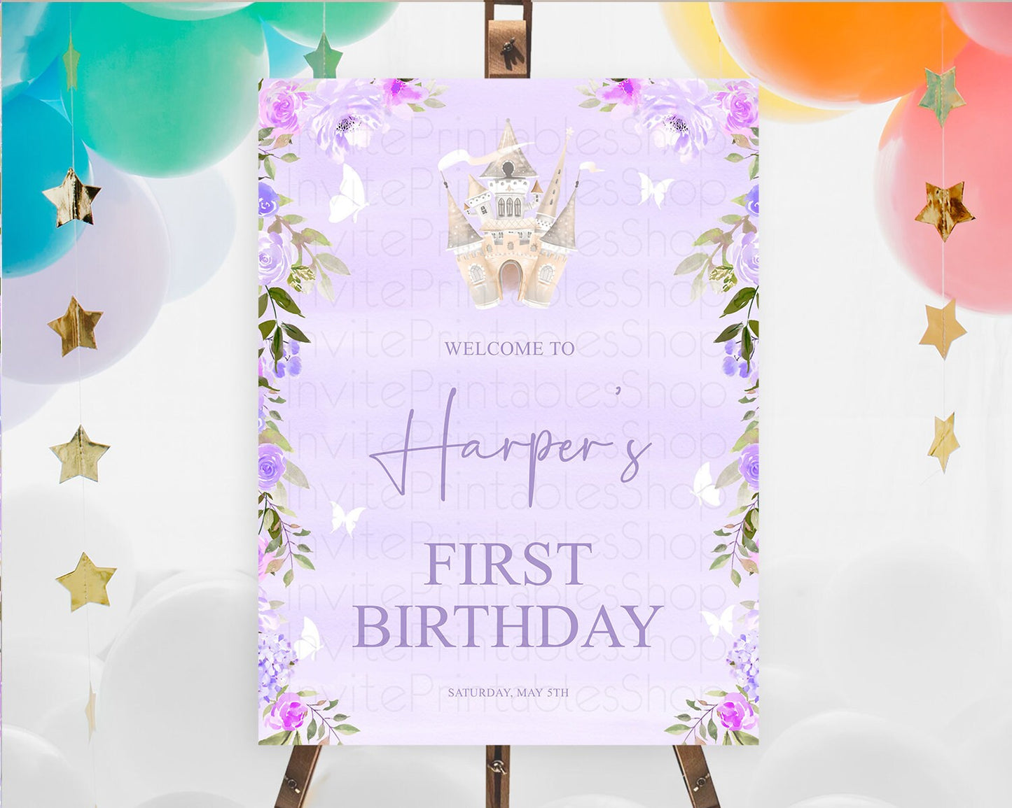 Princess Birthday Welcome Sign Castle Welcome Board Secret Garden Enchanted Castle Pastel Floral Garden First Birthday Welcome Sign D10339