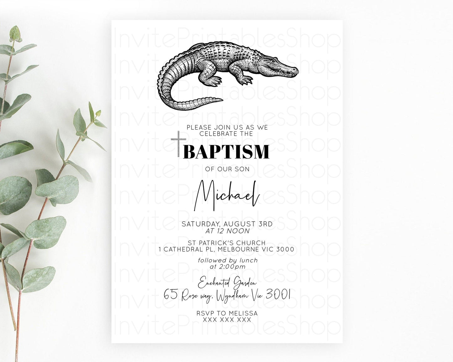 Crocodile Baptism Invitation Alligator Baptism 1st Birthday Invitation Later Alligator Swamp Safari Crocodile Christening Invitation D10286