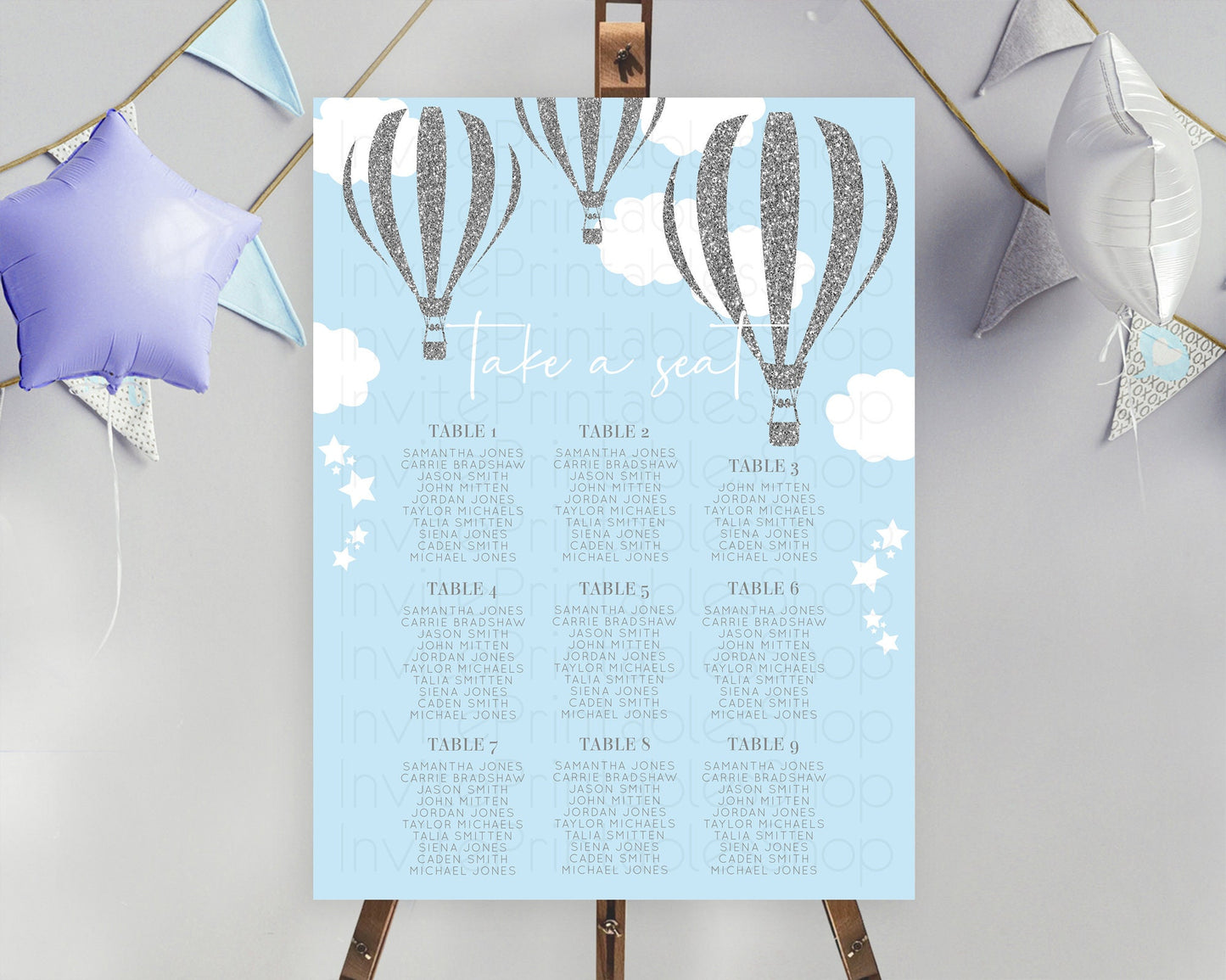 Hot Air Balloon Seating Chart Hot Air Balloon Seating Chart Adventure Awaits Up & Away Glitter Blue Watercolor Seating Take a Seat D10335