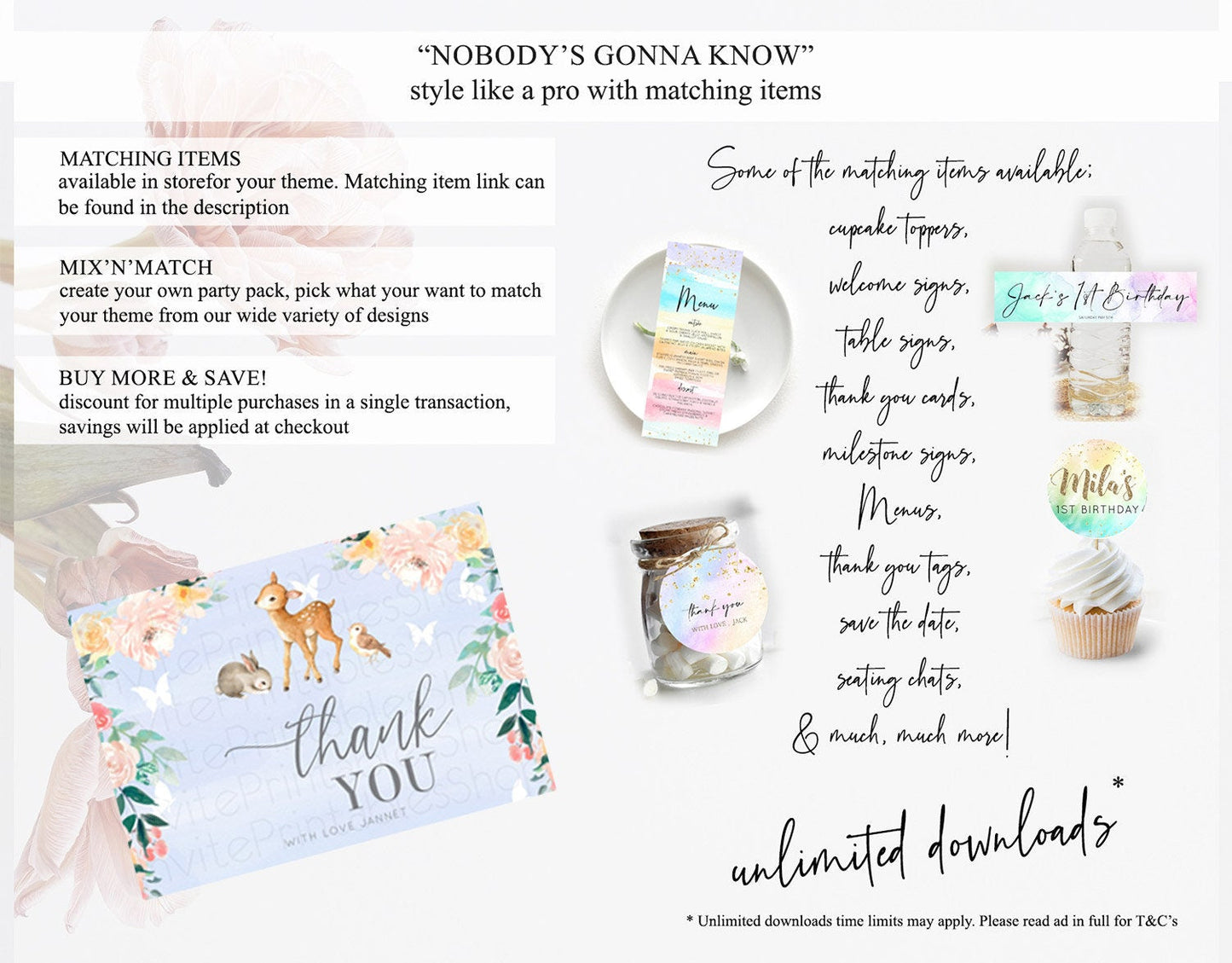 Fawn Thank You Deer Thank You Card Pastel Floral Deer Birthday Thank You Card Enchanted Forest Butterfly Deer Teacher Thank You Card D10920