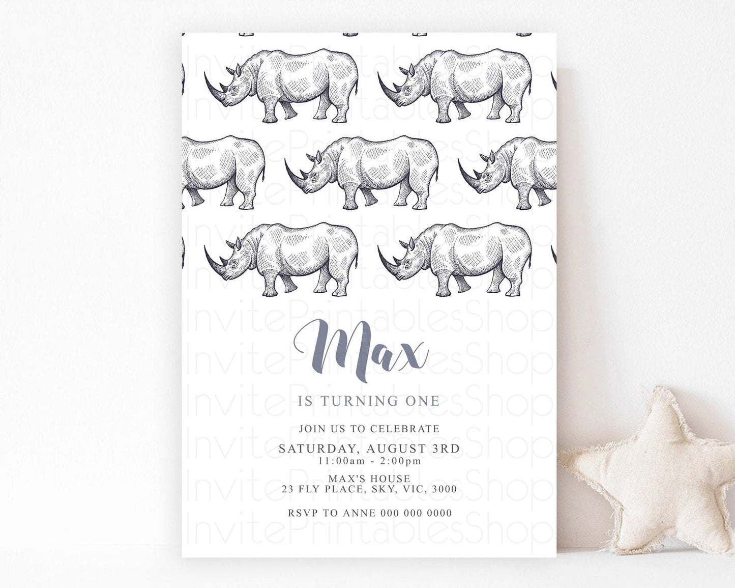 Rhino Birthday Invitation Rhino Invitation Rhino Birthday Rhino Safari Adventure Invite Rhino Palm Leaf Invite Zoo Party D10253