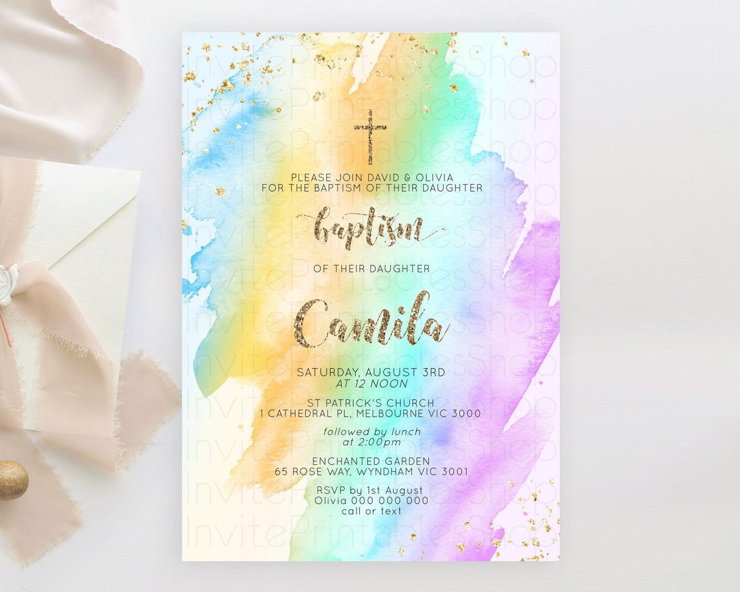 Pastel Baptism Invitation Pastel Colors Watercolor Baptism 1st Birthday Party Gold Ombre Pastel Rainbow Christening Holy Communion D10426