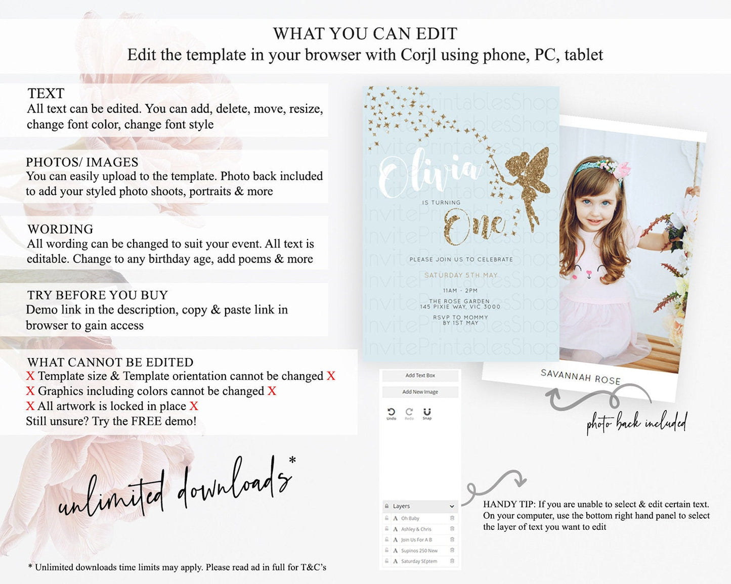 Fairy Birthday Invitation Fairy Invites Fairy Tea Party Fairy Garden Birthday Secret Garden Enchanted Garden Pastel Floral Butterfly D10907