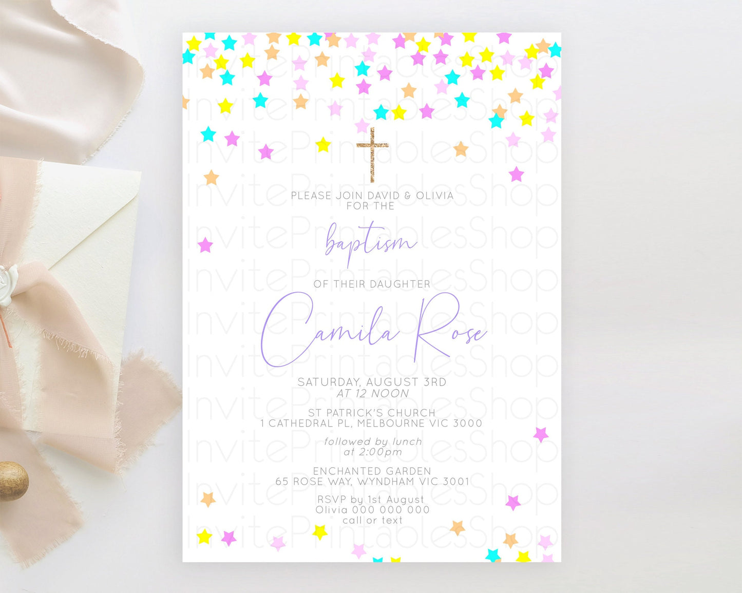 Editable Star Baptism Invitation Pastel Stars Baptism 1st Birthday Invitatio