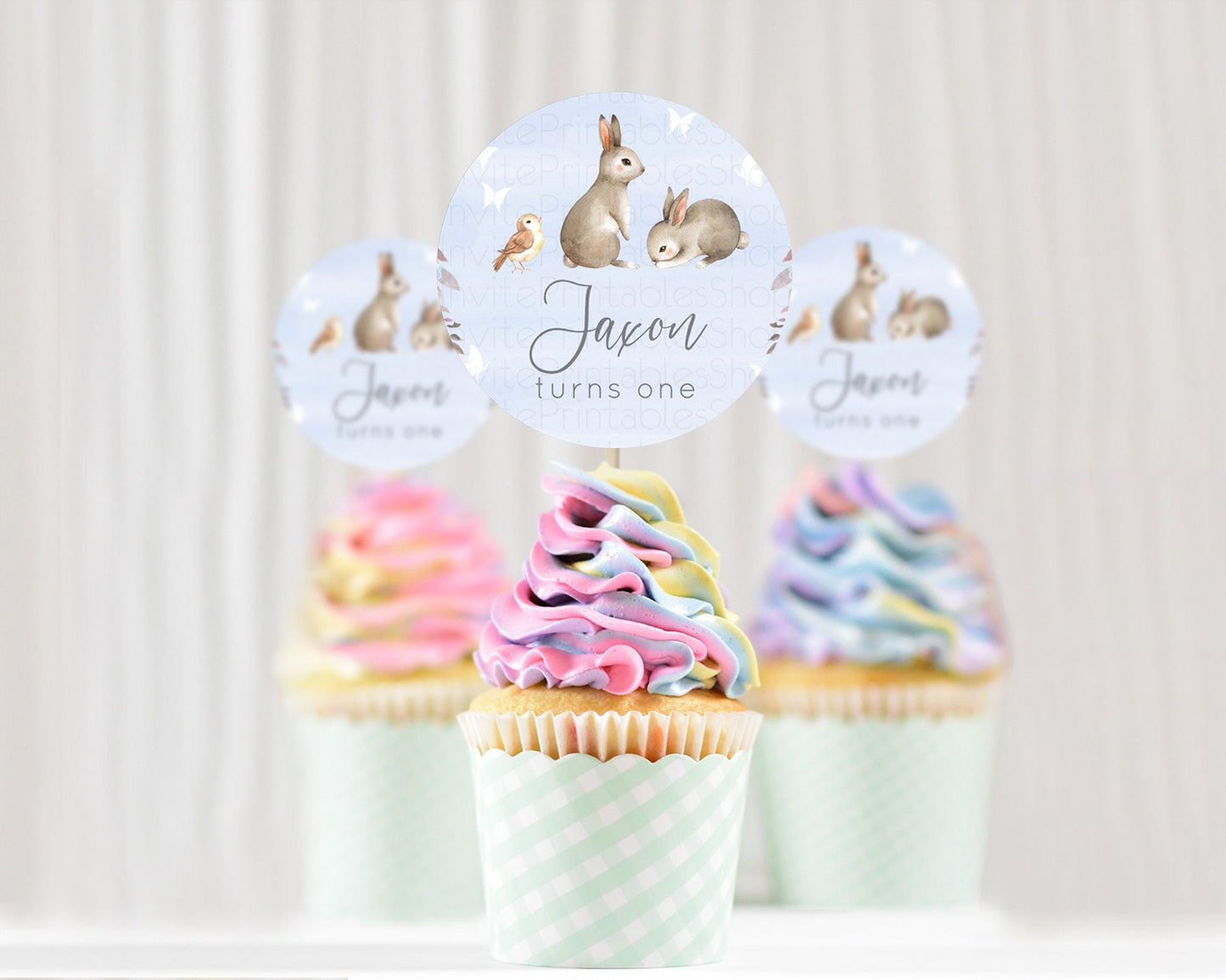 Bunny Cupcake Toppers Floral Bunny Cupcake Toppers Pastel Bunny Cupcake Pastel Watercolor Woodland Flowers Bunny First Birthday D10923