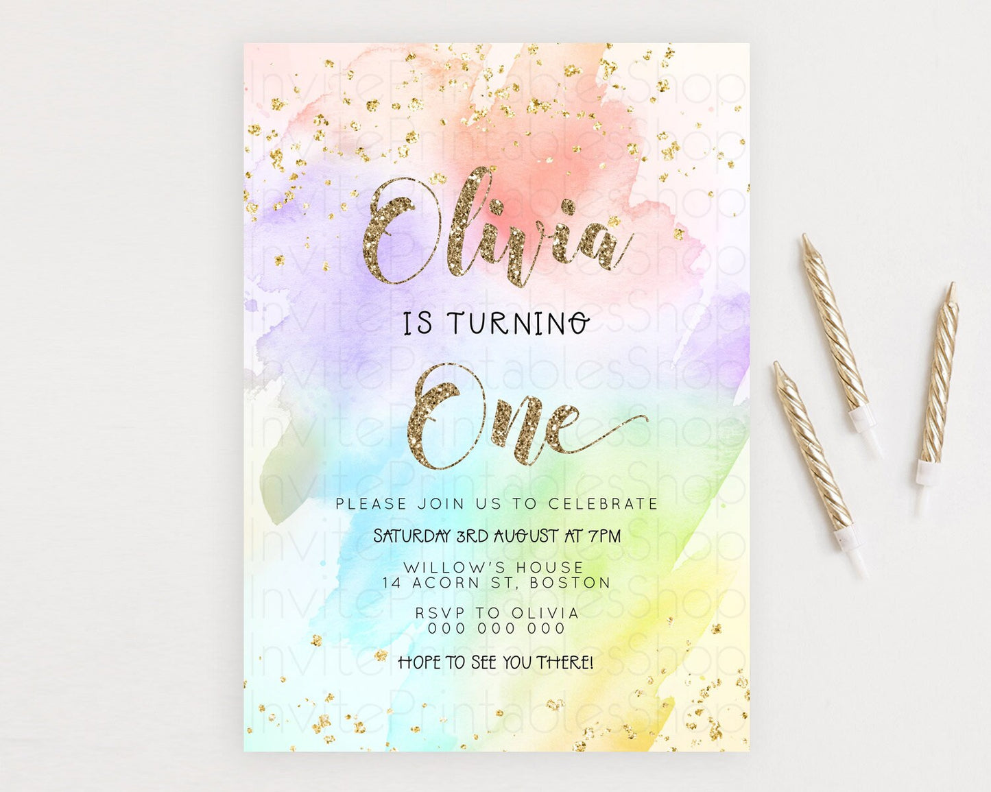 Rainbow Birthday Invitation Colorful Pastel Watercolor Invitation Gold Glitter Sprinkles Ombre Pastel 1st 2nd 3rd Birthday D23302