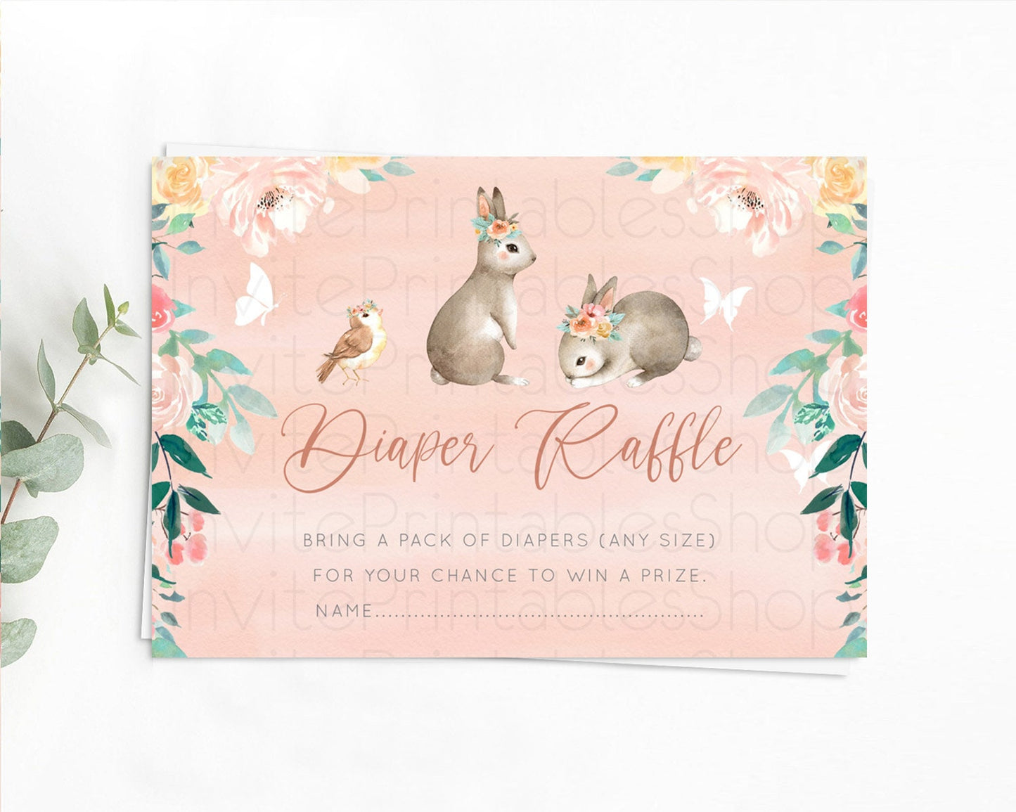 Bunny Diaper Raffle Card Floral Bunny Diaper Raffle Insert Pastel Flowers Woodland Bunny Diaper Ticket Forest Bunny Raffle Game D10922