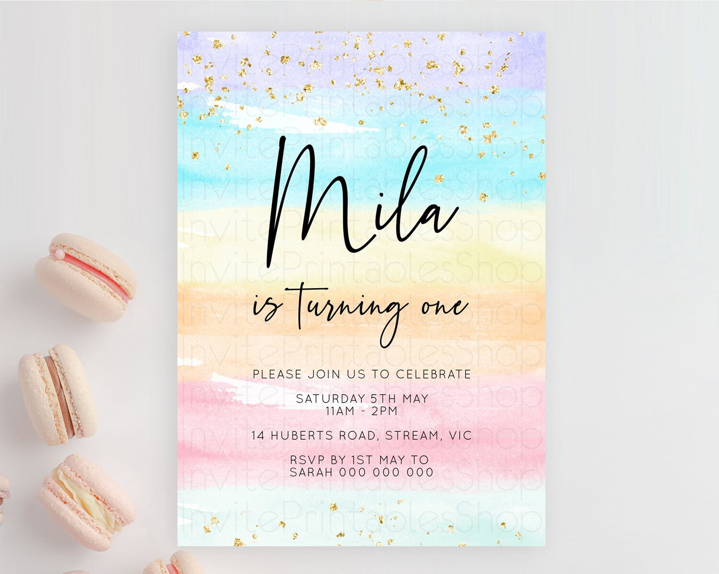 Rainbow Birthday Invitation Colorful Pastel Watercolor Invitation Gold Glitter Sprinkles Ombre Pastel 1st 2nd 3rd Birthday D10505