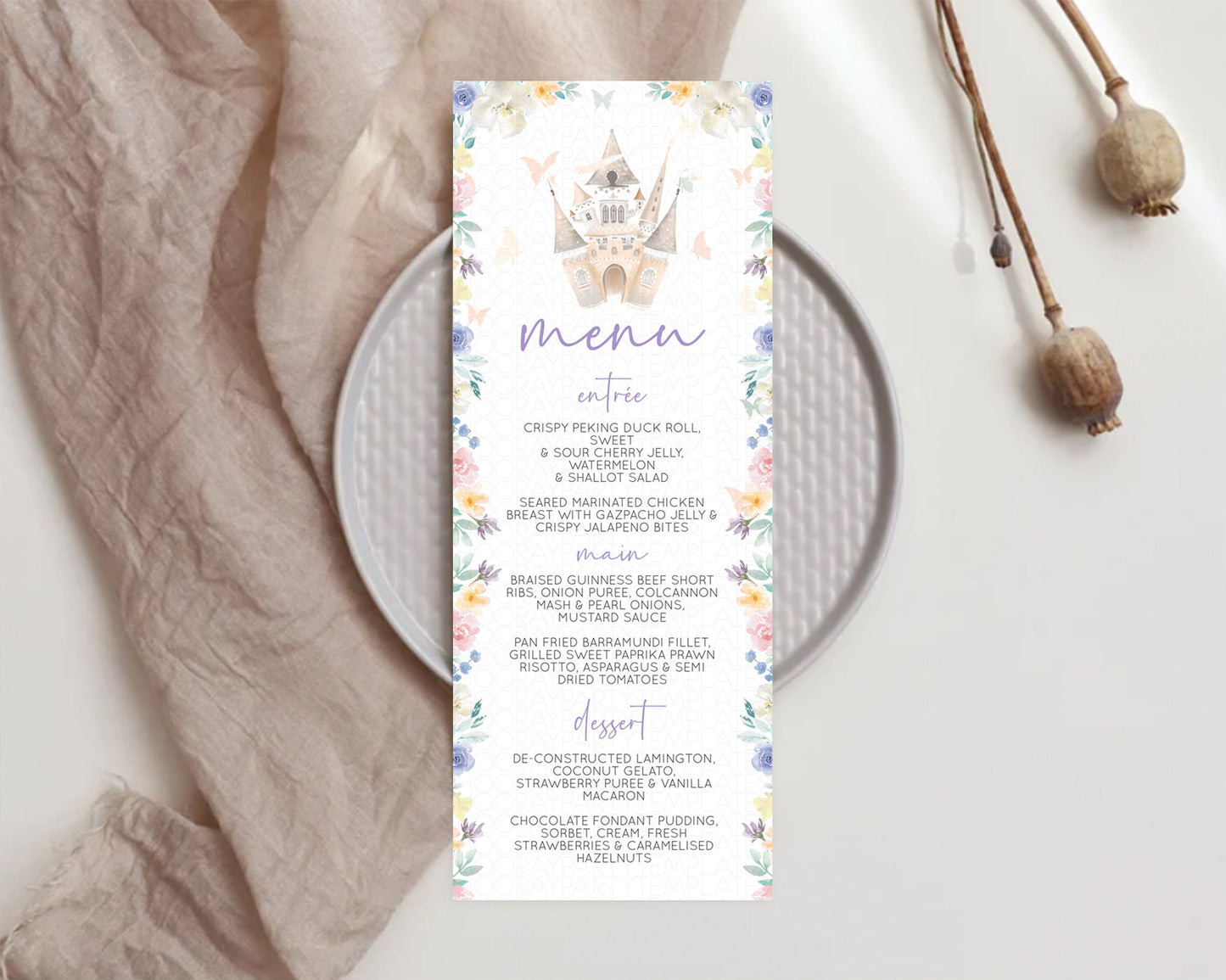 Princess Menu Castle Menu Template Secret Garden Table Decor Enchanted Castle Pastel Floral Dinner Dessert Menu Princess Food Menu D10709