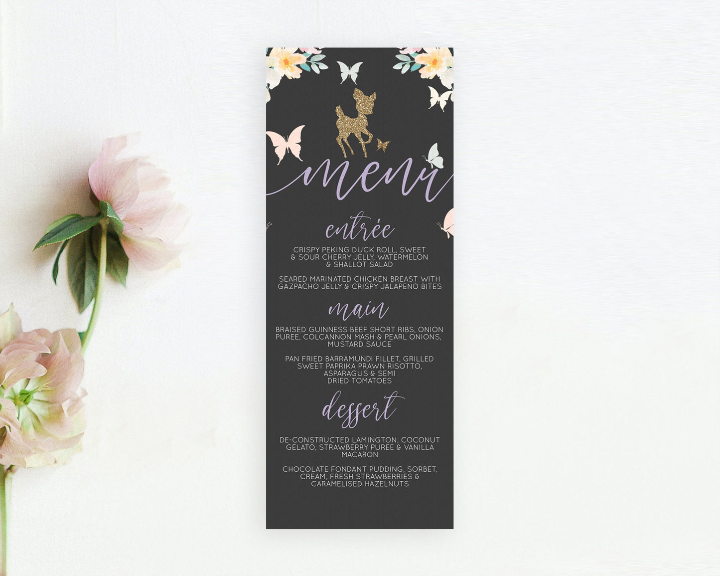 Fawn Menu Deer Menu Template Pastel Floral Deer Table Decor Enchanted Forest Butterfly Floral Dinner Dessert Menu Party Food Menu D10323