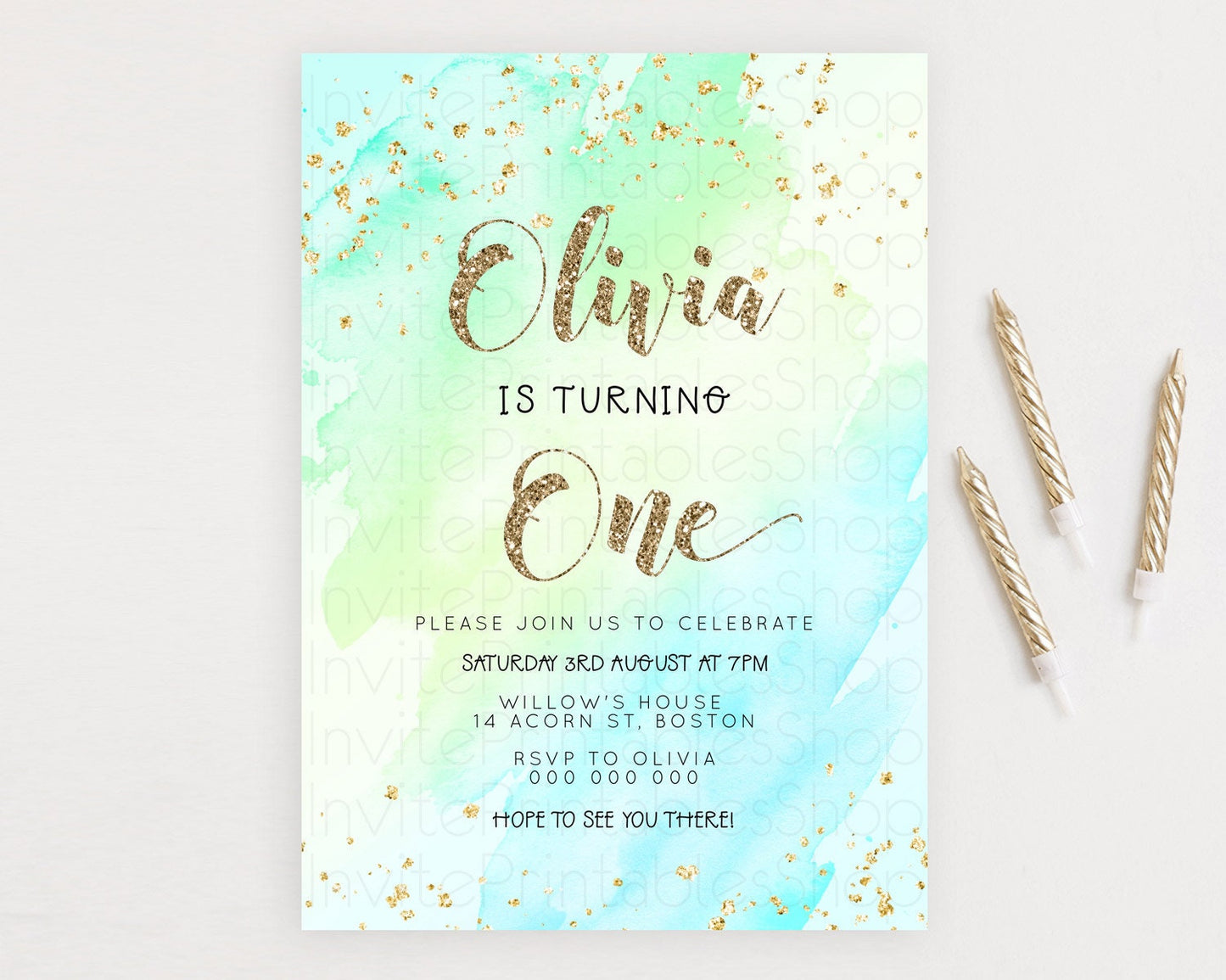 Green Birthday Invitation green Watercolor Invitation Pastel green Watercolor Invitation green Splash Gold Invitation First Birthday D23287
