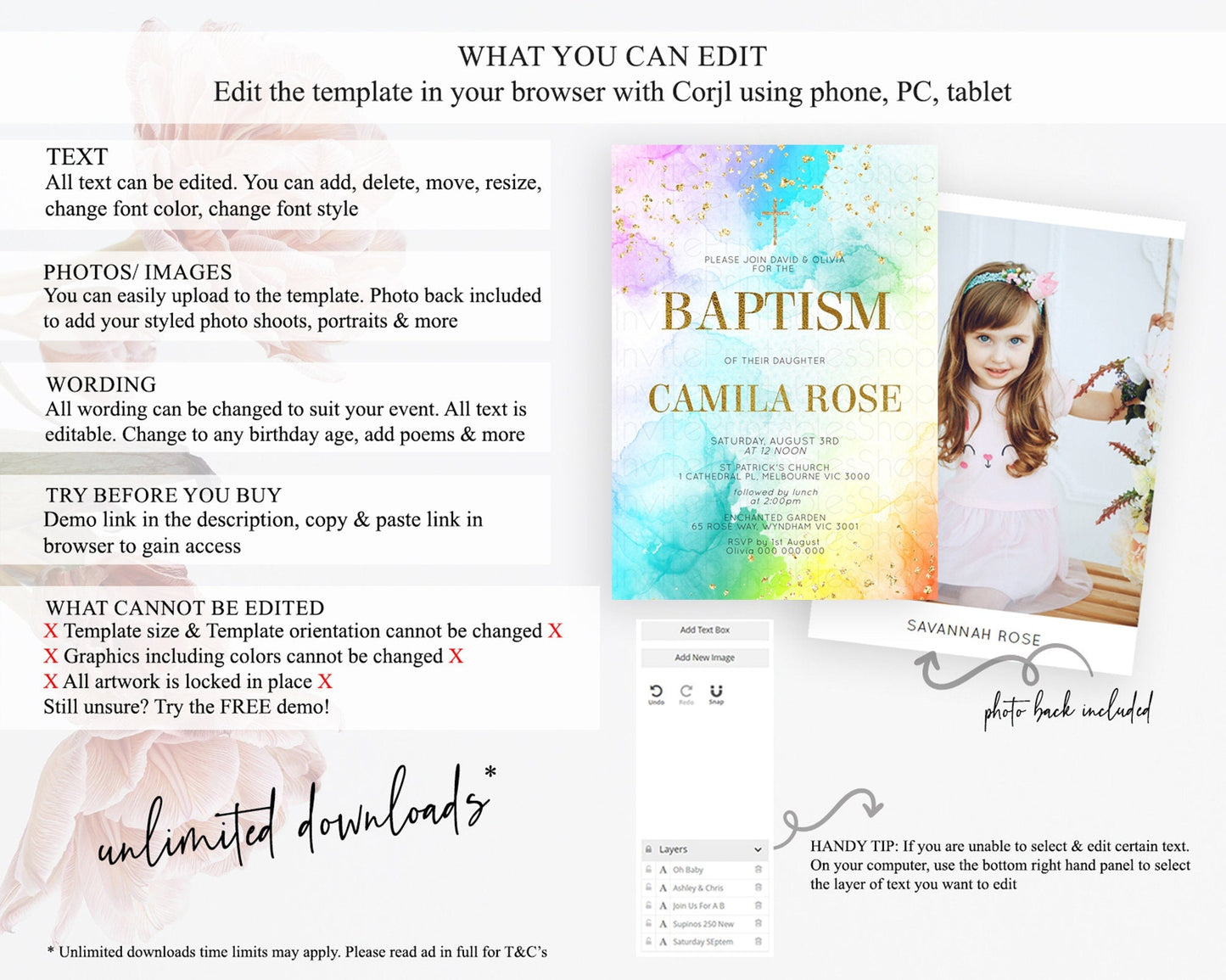 Pastel Baptism Invitation Pastel Colors Watercolor Baptism 1st Birthday Party Gold Ombre Pastel Rainbow Christening Holy Communion D10961