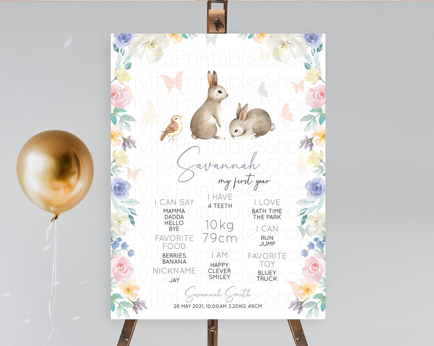 Bunny First Birthday Milestone Board Floral Bunny Milestone Poster Pastel Flowers Woodland Bunny Milestone 1st Birthday Welcome Sign D10928