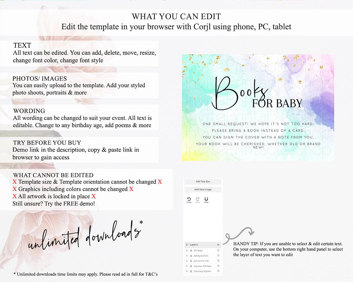 Pastel Books For Baby Card Pastel Rainbow Book Insert Colorful Ombre Watercolor Book Card Confetti Glitter Baby Book Poem Request D10158