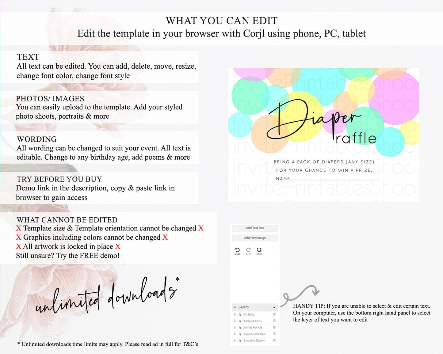 Rainbow Diaper Raffle Card Pastel Sprinkles Diaper Raffle Insert Rainbow Confetti Diaper Ticket Colorful Bubbles Pastel Raffle Game D10409