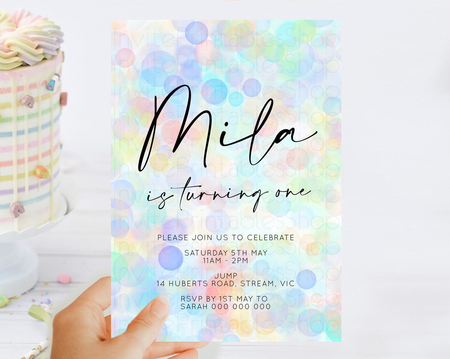 Pastel Birthday Invitation Bath Bomb Party Invitation Pastel Bubbles Invitation Watercolour Invitation 3rd 2nd 1st First Birthday D10446