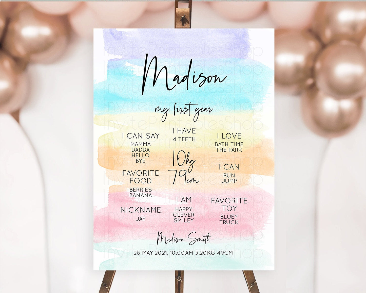 Pastel First Birthday Milestone Board Pastel Rainbow Milestone Poster Colorful Confetti Watercolor Glitter 1st Birthday Welcome Sign D10505