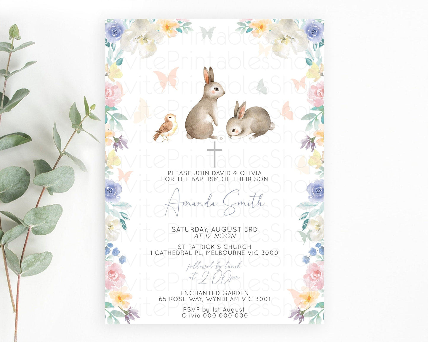 Bunny Baptism Invitation Floral Bunny Baptism 1st Birthday Invitation Pastel Bunny Christening Invite Watercolor Forest Bunny Party D10928