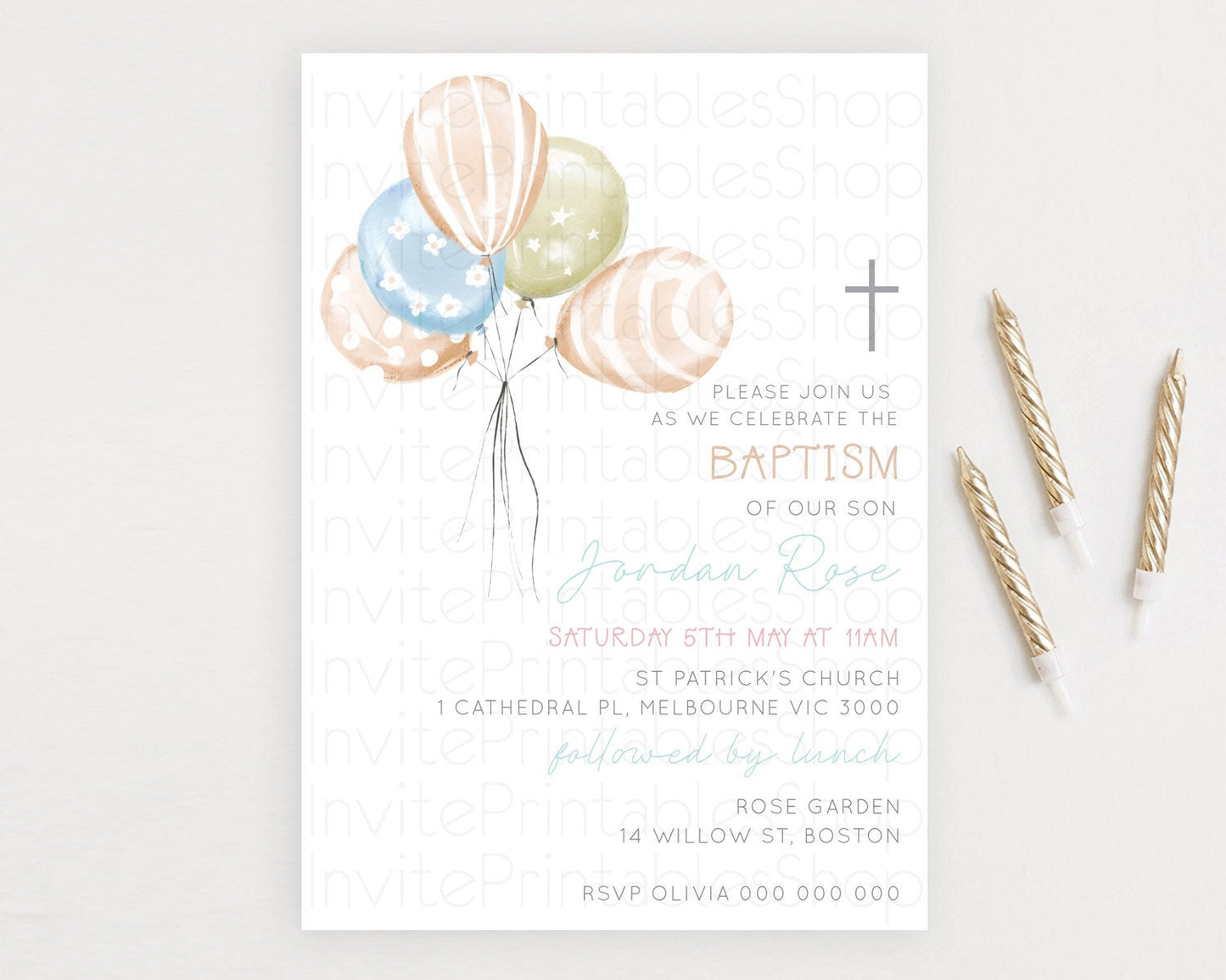 Balloon Baptism Invitation Pastel Baptism 1st Birthday Invitation Pastel Balloon Christening Invite Colorful Rainbow Balloon Invites D22999