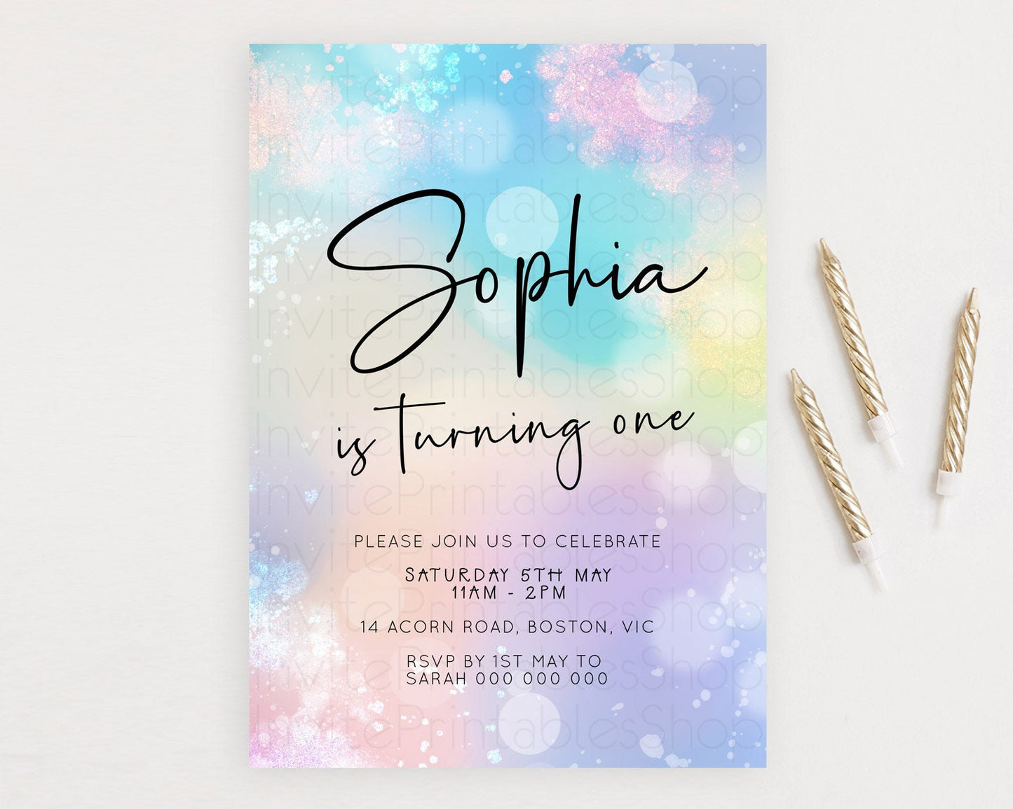 Pastel Birthday Invitation Ombre Watercolor Birthday Invitation Glitter Rainbow Color Splash 1st 2nd 3rd Birthday Invitation D23111