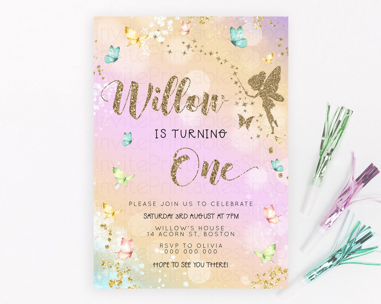 Pastel Fairy Birthday Invitation Pastel Butterflies Fairy Birthday Invitation Rainbow Ombre Watercolor 1st 2nd Birthday Invitation D23158