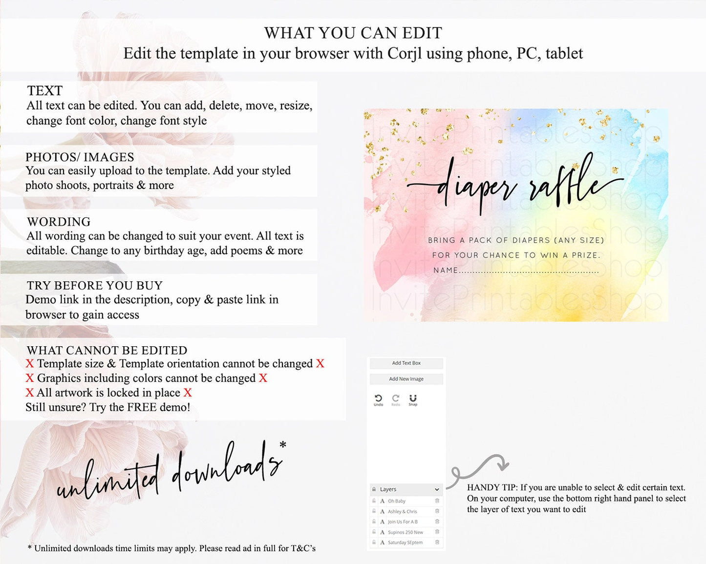 Pastel Diaper Raffle Card Pastel Rainbow Diaper Raffle Insert Colorful Ombre Watercolor Diaper Ticket Confetti Glitter Raffle Game D10557