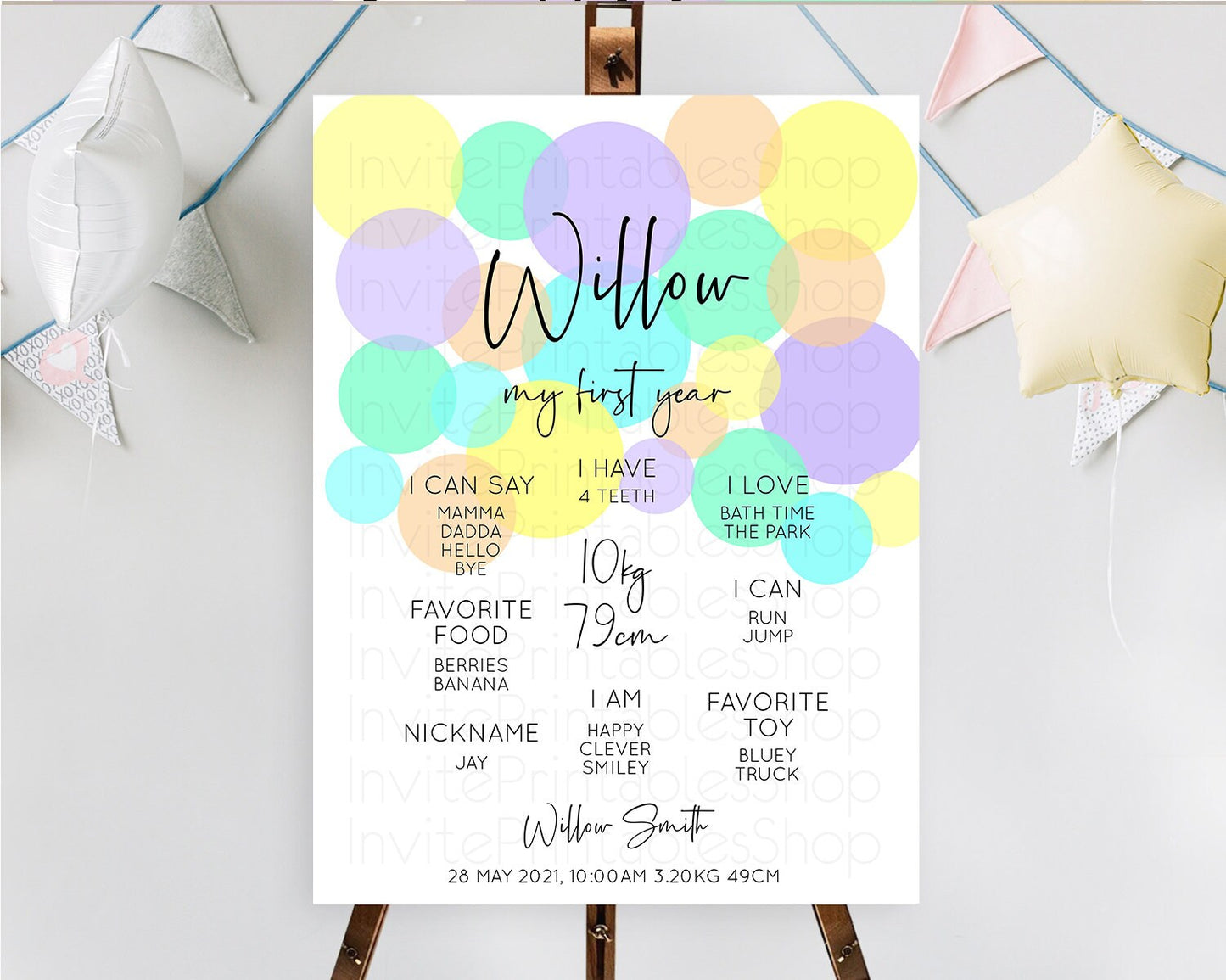 Pastel First Birthday Milestone Poster Pastel Rainbow Confetti First Birthday Milestone Board Colorful Bubbles Birthday Welcome Sign D10412