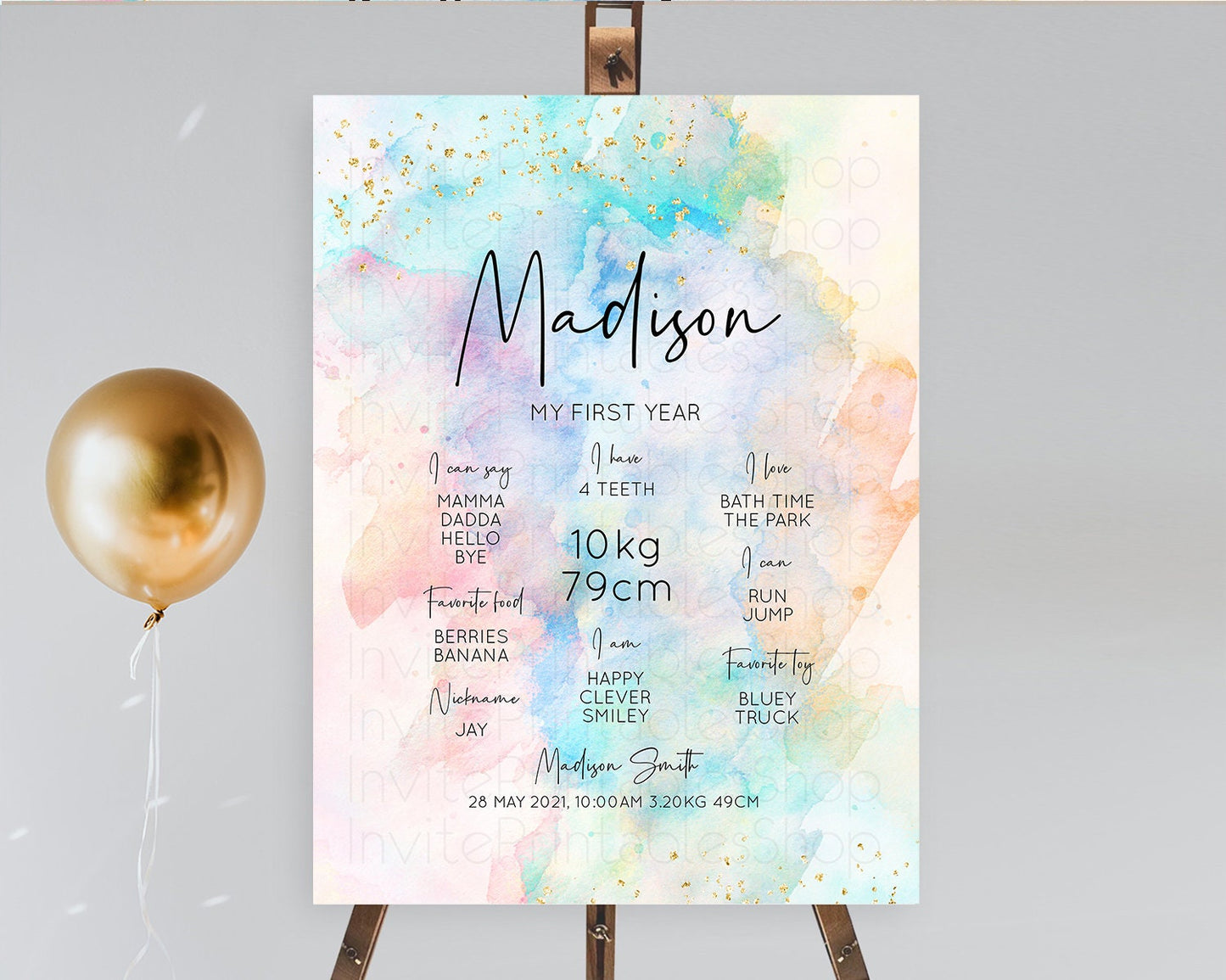 Pastel First Birthday Milestone Board Pastel Rainbow Milestone Poster Colorful Confetti Watercolor Glitter 1st Birthday Welcome Sign D10266
