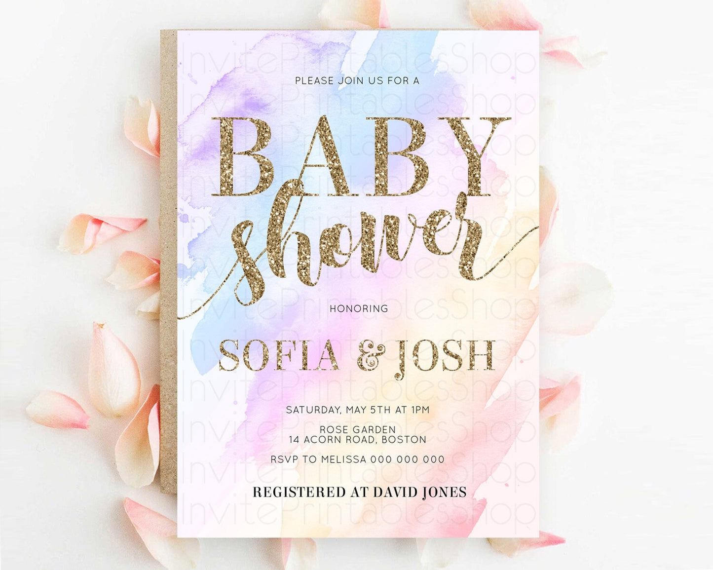 Pastel Baby Shower Invitation Rainbow Baby Shower Invitation Colorful Pastel Watercolor Invitation Gold Glitter Sprinkles Ombre D10633