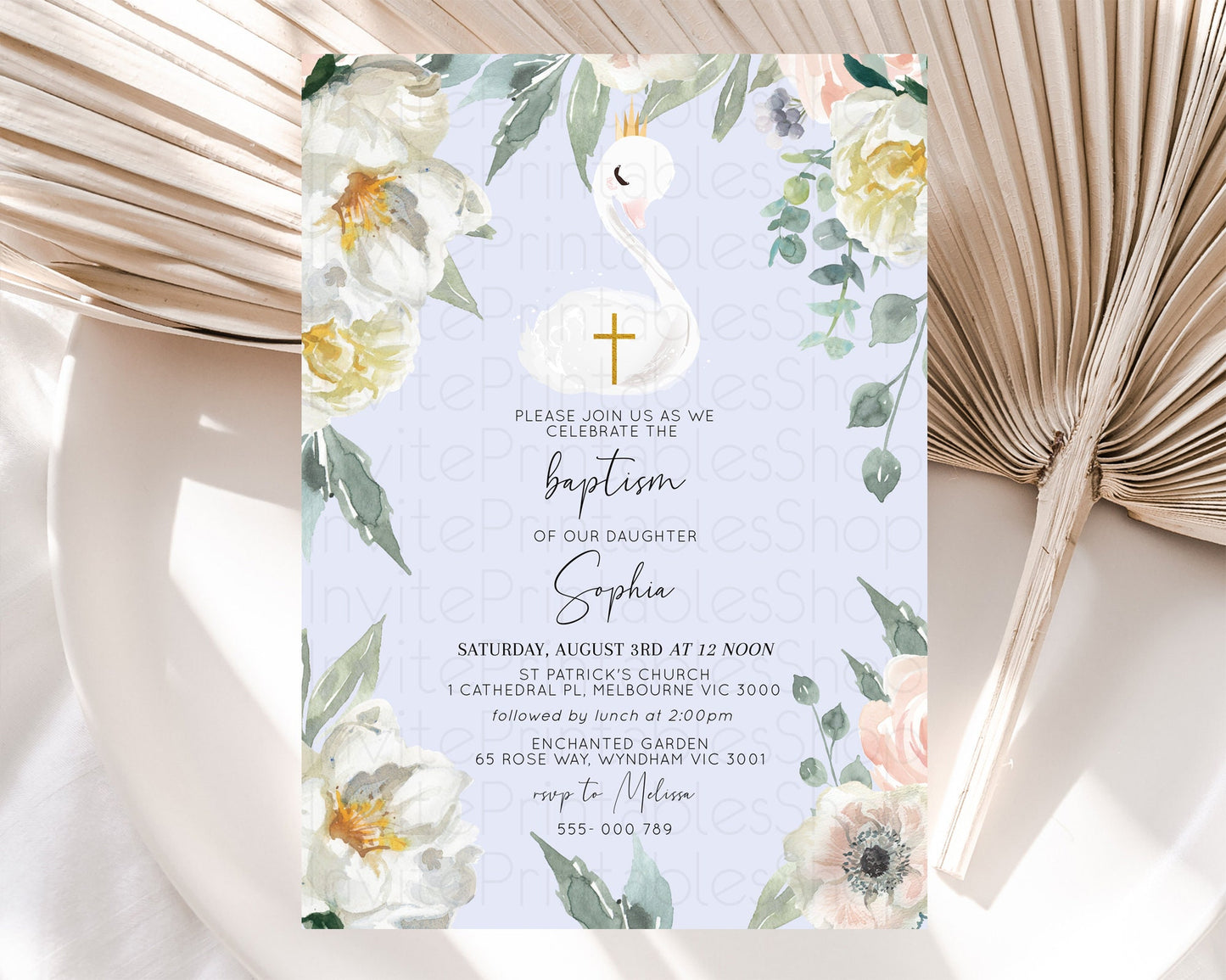 Swan Lake Baptism Invitation Swan Princess Ballet Baptism 1st Birthday Enchanted Forest Secret Garden Watercolour Pastel Floral D10756