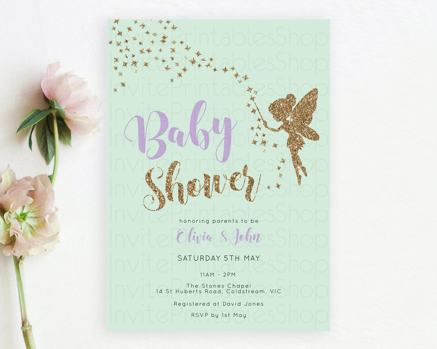 Fairy Baby Shower Invitation, Enchanted Garden, Secret Garden, Pastel Green, Glittering Magic, Pixie Dust, Whimsical Fairy, Butterfly D10908