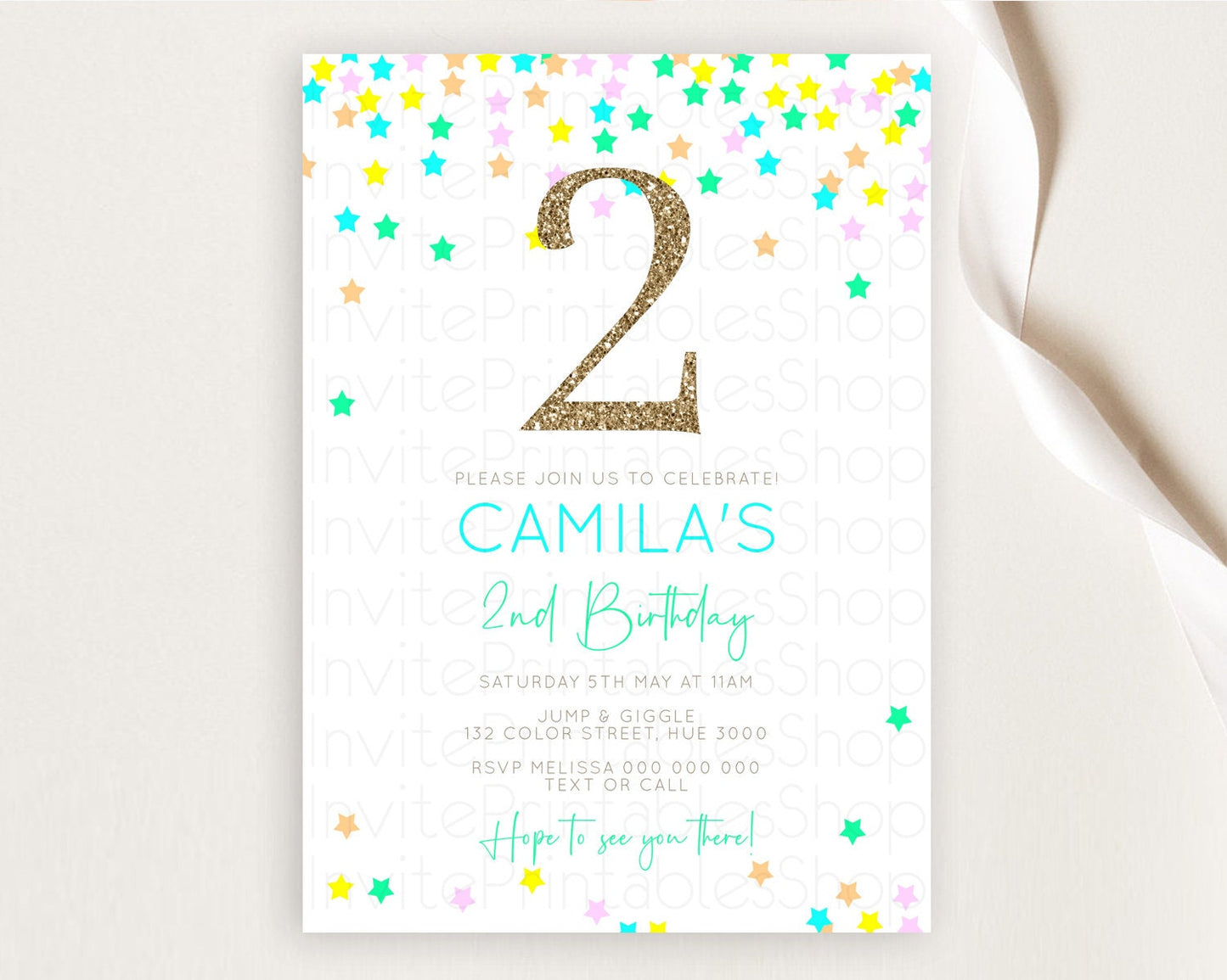 Star Birthday Invitation Pastel Stars Invite Shooting Star Party Rainbow Colorful Confetti Twinkle Little Star 2nd First Birthday D10397