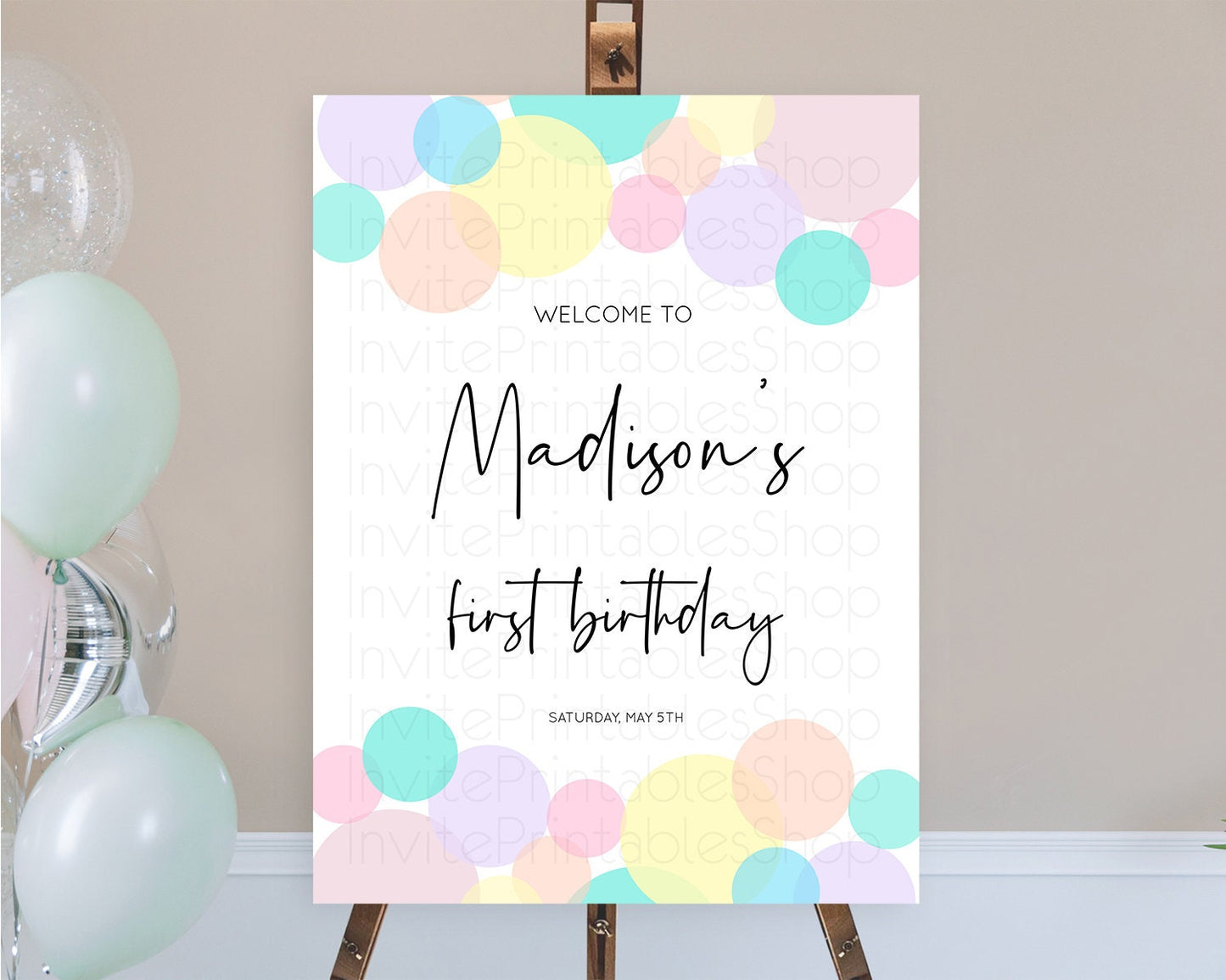 Rainbow Welcome Sign Pastel Welcome Board Pastel Rainbow Confetti Welcome Sign Colorful Bubbles Pastel First Birthday Welcome Sign D10223