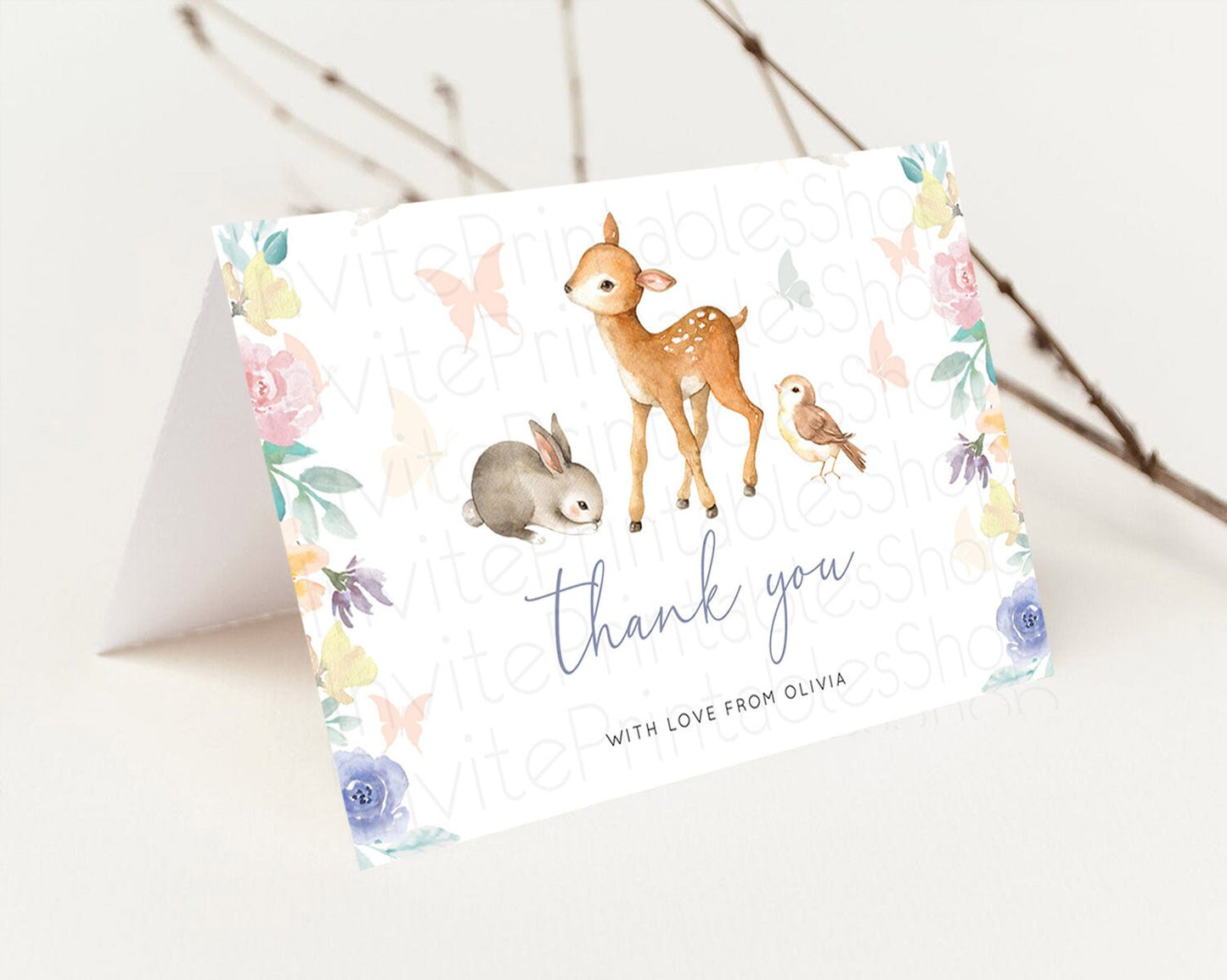 Fawn Thank You Deer Thank You Card Pastel Floral Deer Birthday Thank You Card Enchanted Forest Butterfly Deer Teacher Thank You Card D10930