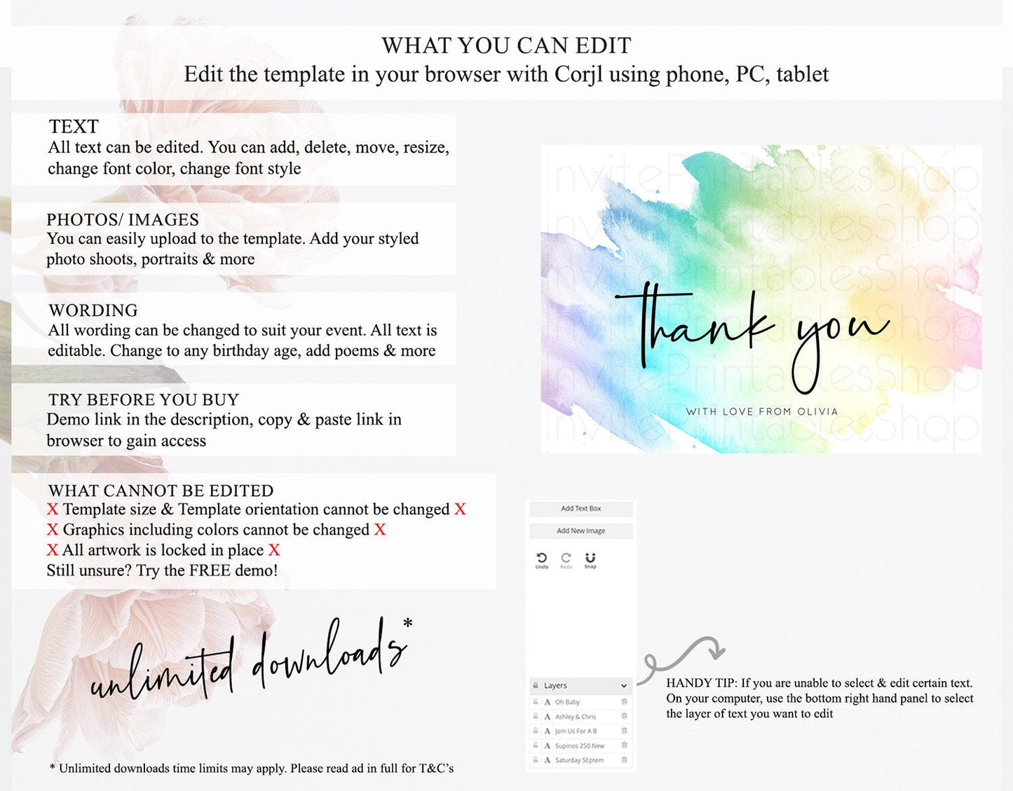 Pastel Thank You Rainbow Thank You Card Colorful Pastel Birthday Thank You Card Confetti Watercolor Pastel Teacher Thank You Cards D10279