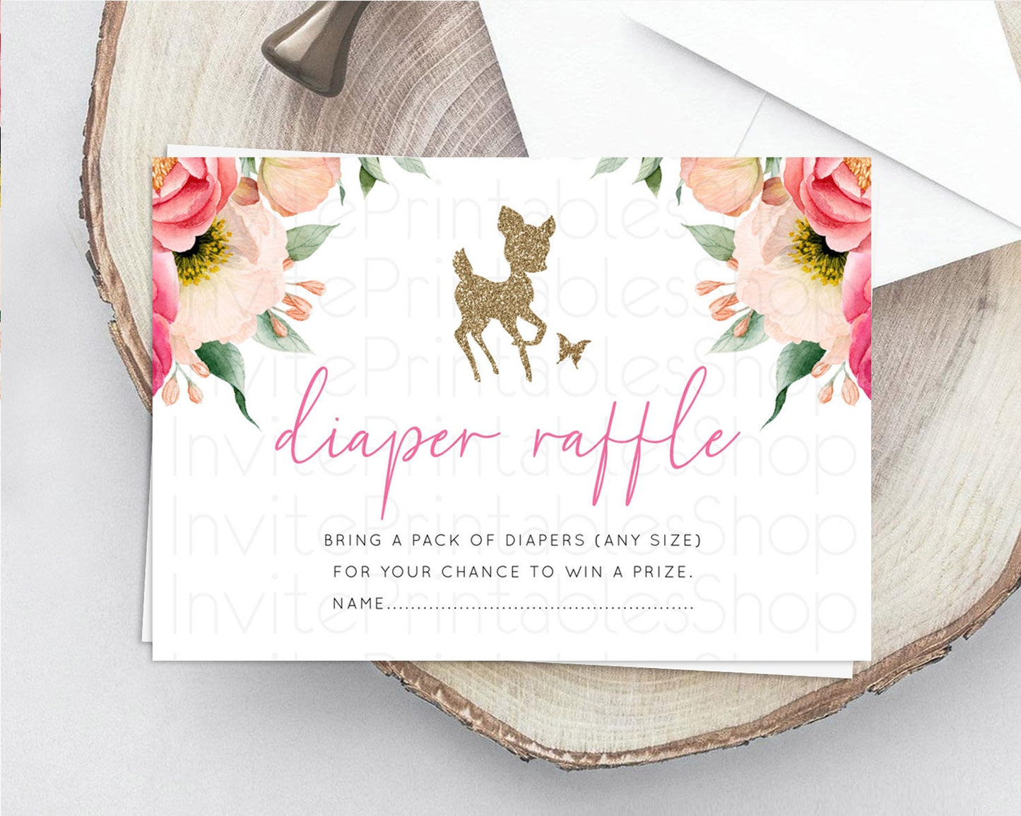 Fawn Diaper Raffle Card Deer Diaper Insert Floral Deer Diaper Ticket Enchanted Forest Butterfly Pastel Baby Shower Raffle Game D10326