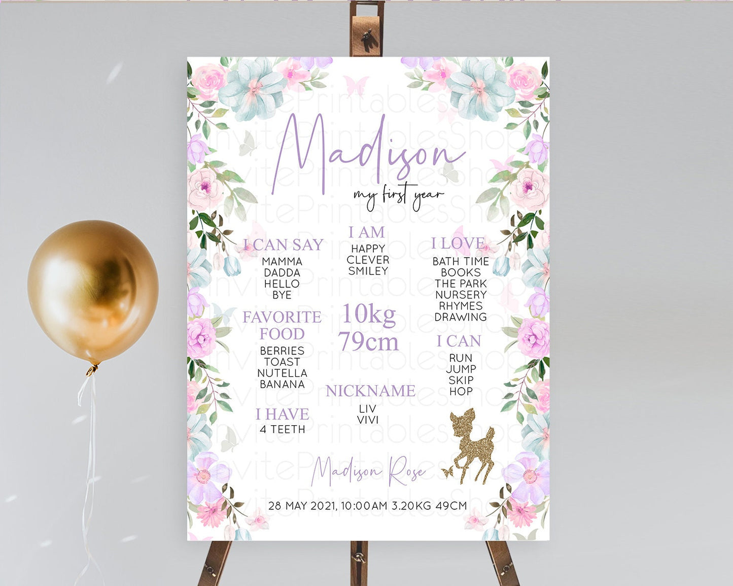 Fawn First Birthday Milestone Board Deer First Birthday Milestone Poster Enchanted Forest Butterfly Pastel Flowers 1st Birthday Sign D10476