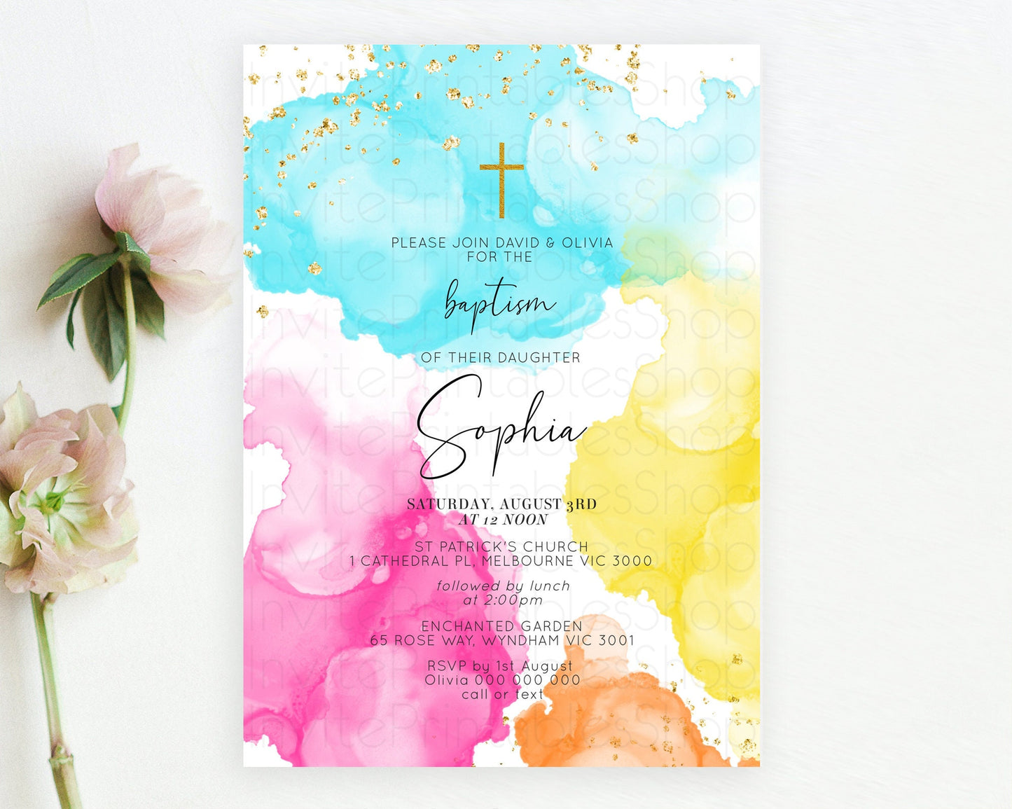 Pastel Baptism Invitation Pastel Colors Watercolor Baptism 1st Birthday Party Gold Ombre Pastel Rainbow Christening Holy Communion D10898