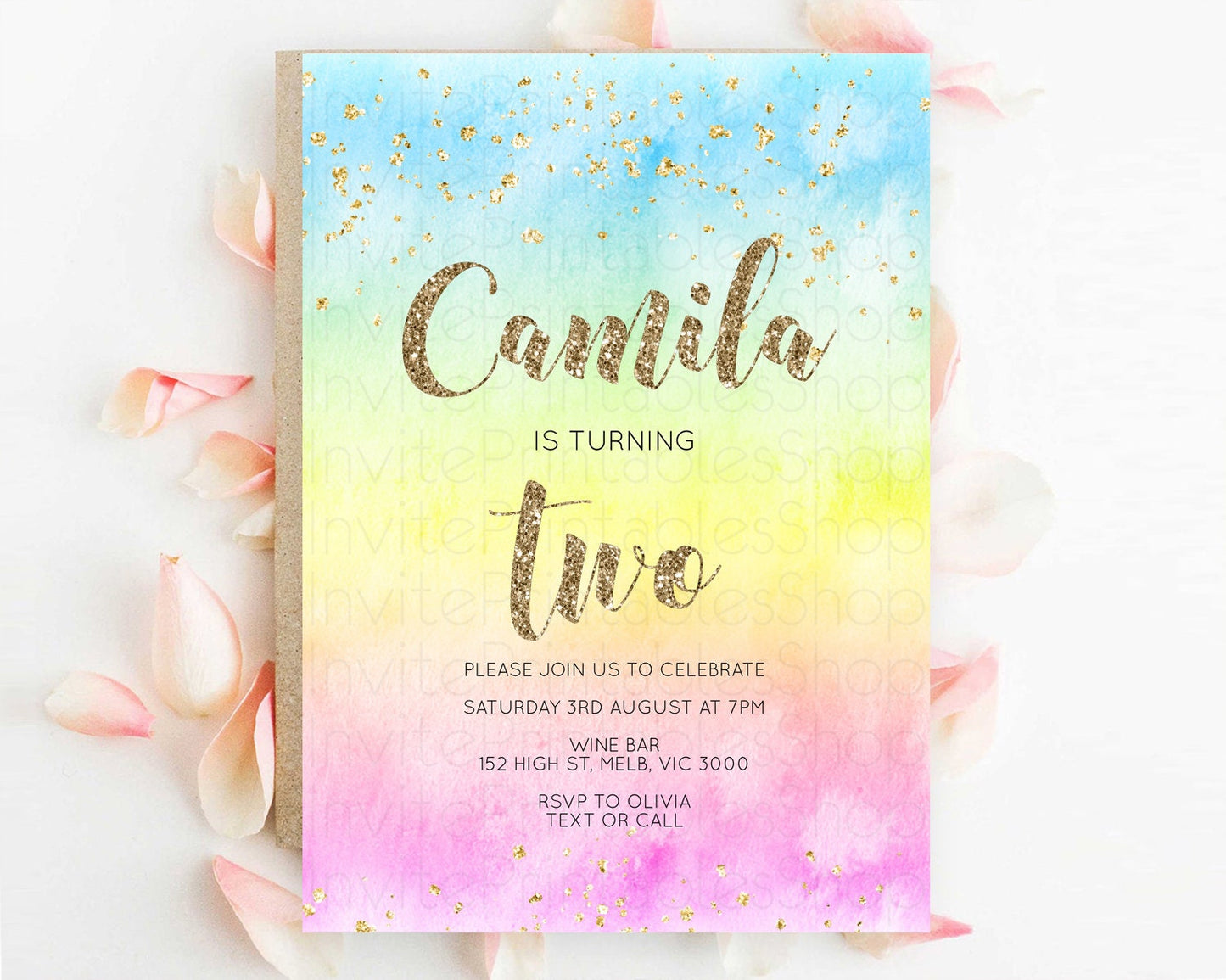 Rainbow Birthday Invitation Colorful Pastel Watercolor Invitation Gold Glitter Sprinkles Ombre Pastel 1st 2nd 3rd Birthday D10479