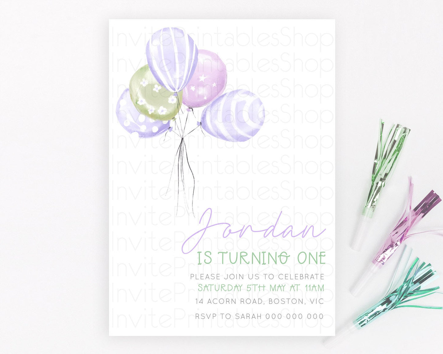 Balloon Birthday Invitation Pastel Birthday Invitation Pastel Balloon Invites Colorful Pastel Rainbow Balloon 3rd 2nd First Birthday D23103