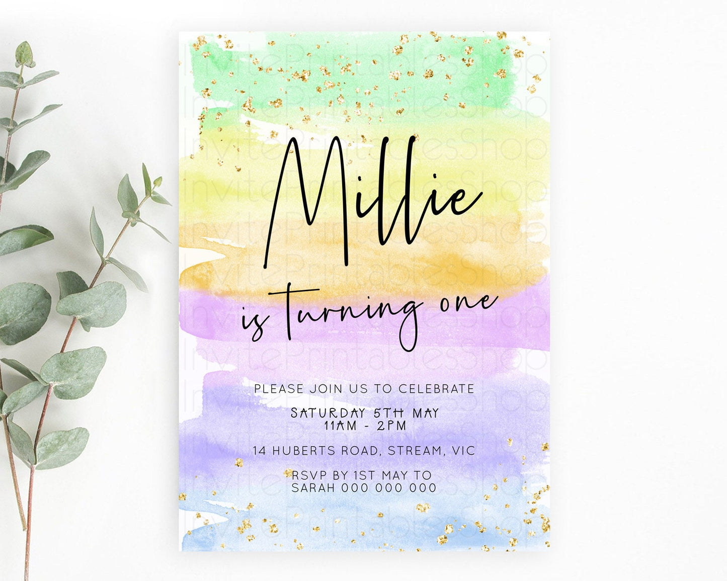 Pastel Birthday Invitation Ombre Watercolor Birthday Invitation Glitter Rainbow Color Splash 1st 2nd 3rd Birthday Invitation D23044