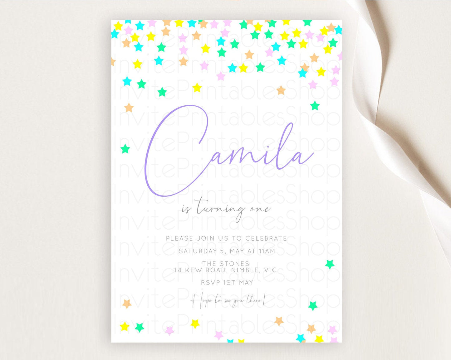 Star Birthday Invitation Pastel Stars Invite Shooting Star Party Rainbow Colorful Confetti Twinkle Little Star 2nd First Birthday D10394