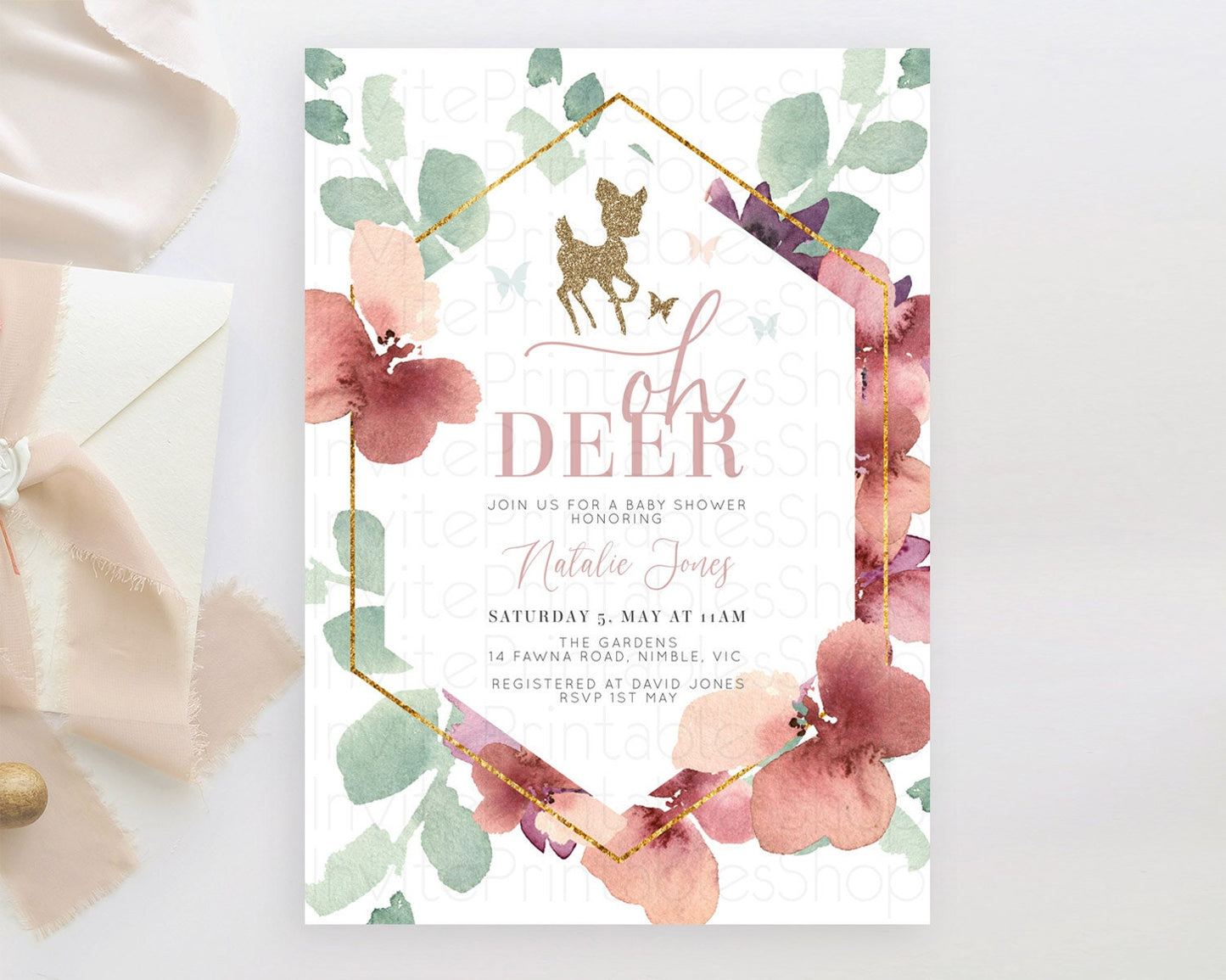 Fawn Baby Shower Invitation Deer Baby Shower Invites Enchanted Forest Theme Butterfly Pastel Flowers Whimsical Baby Shower D10459