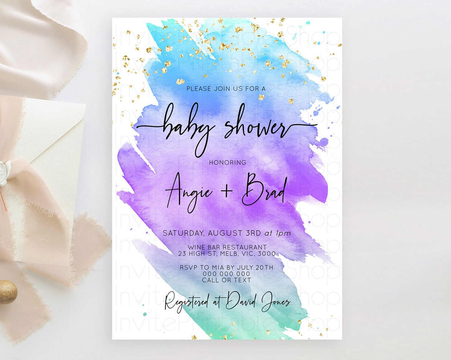 Pastel Baby Shower Invitation Rainbow Baby Shower Invitation Colorful Pastel Watercolor Invitation Gold Glitter Sprinkles Ombre D10491