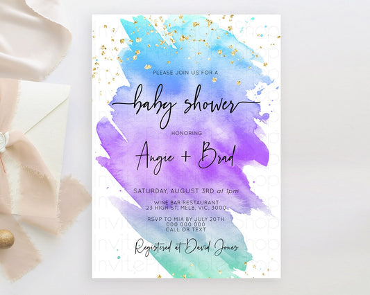 Pastel Baby Shower Invitation Rainbow Baby Shower Invitation Colorful Pastel Watercolor Invitation Gold Glitter Sprinkles Ombre D10491