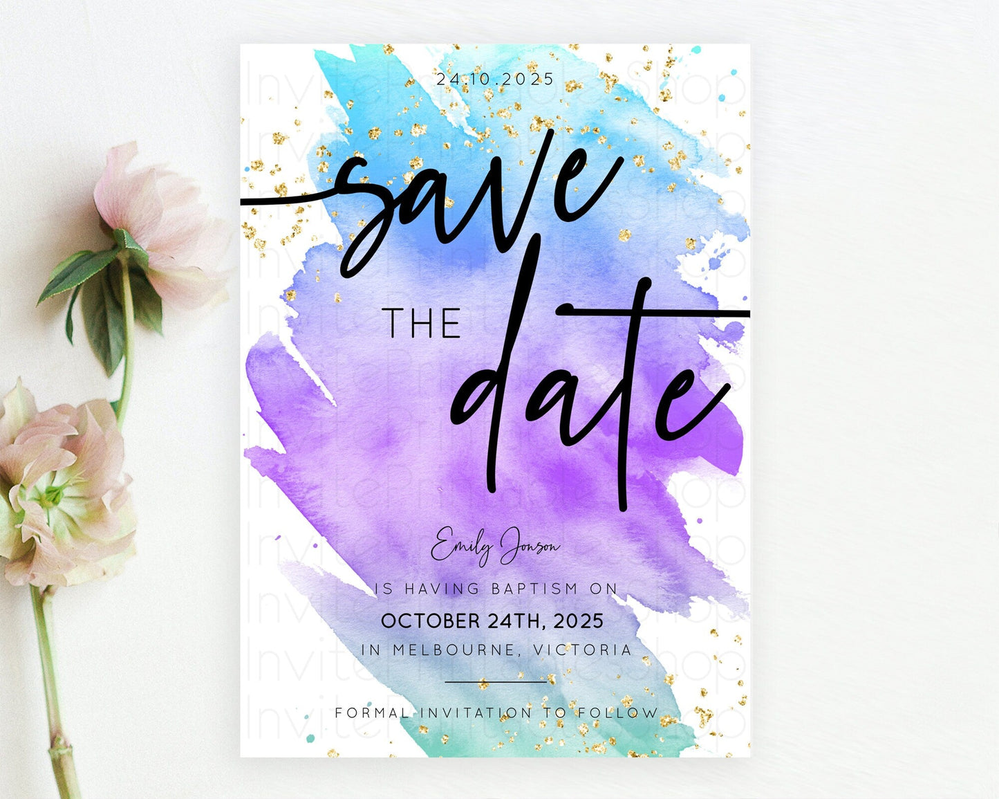Pastel Save The Date Template Pastel Ombre Rainbow Watercolor Colorful Party For Birthday Baptism Baby Shower Wedding Bridal Shower D10491