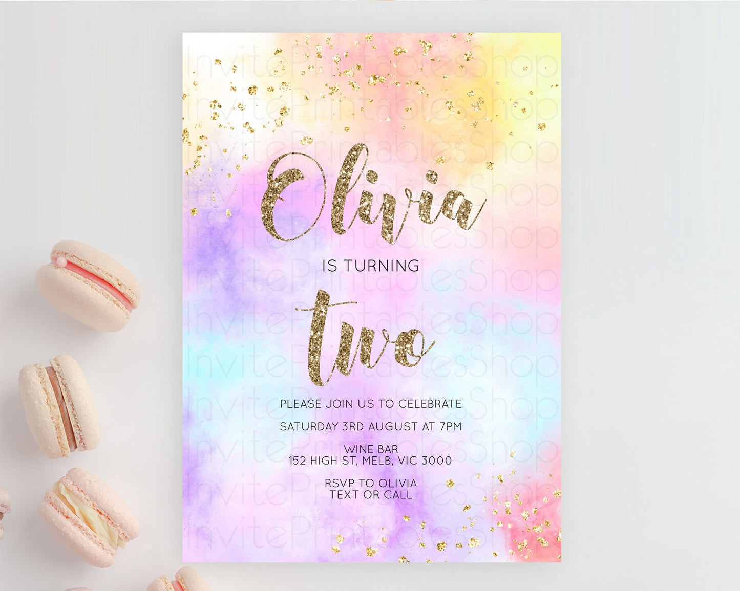 Rainbow Birthday Invitation Colorful Pastel Watercolor Invitation Gold Glitter Sprinkles Ombre Pastel 1st 2nd 3rd Birthday D10435