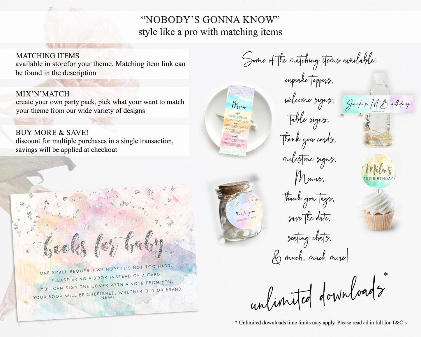 Pastel Rainbow Books For Baby Card Pastel Book Insert Pastel Colorful Book Card Confetti Watercolor Silver Guests Book Poem Request D10944